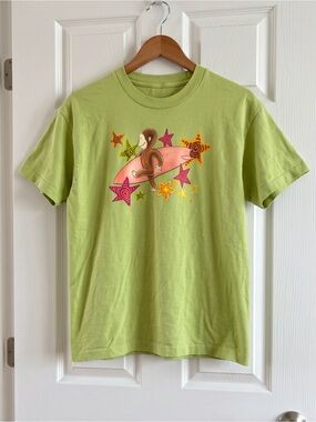 Curious George Surfing Colorful Stars Retro Pop Art Green T-Shirt